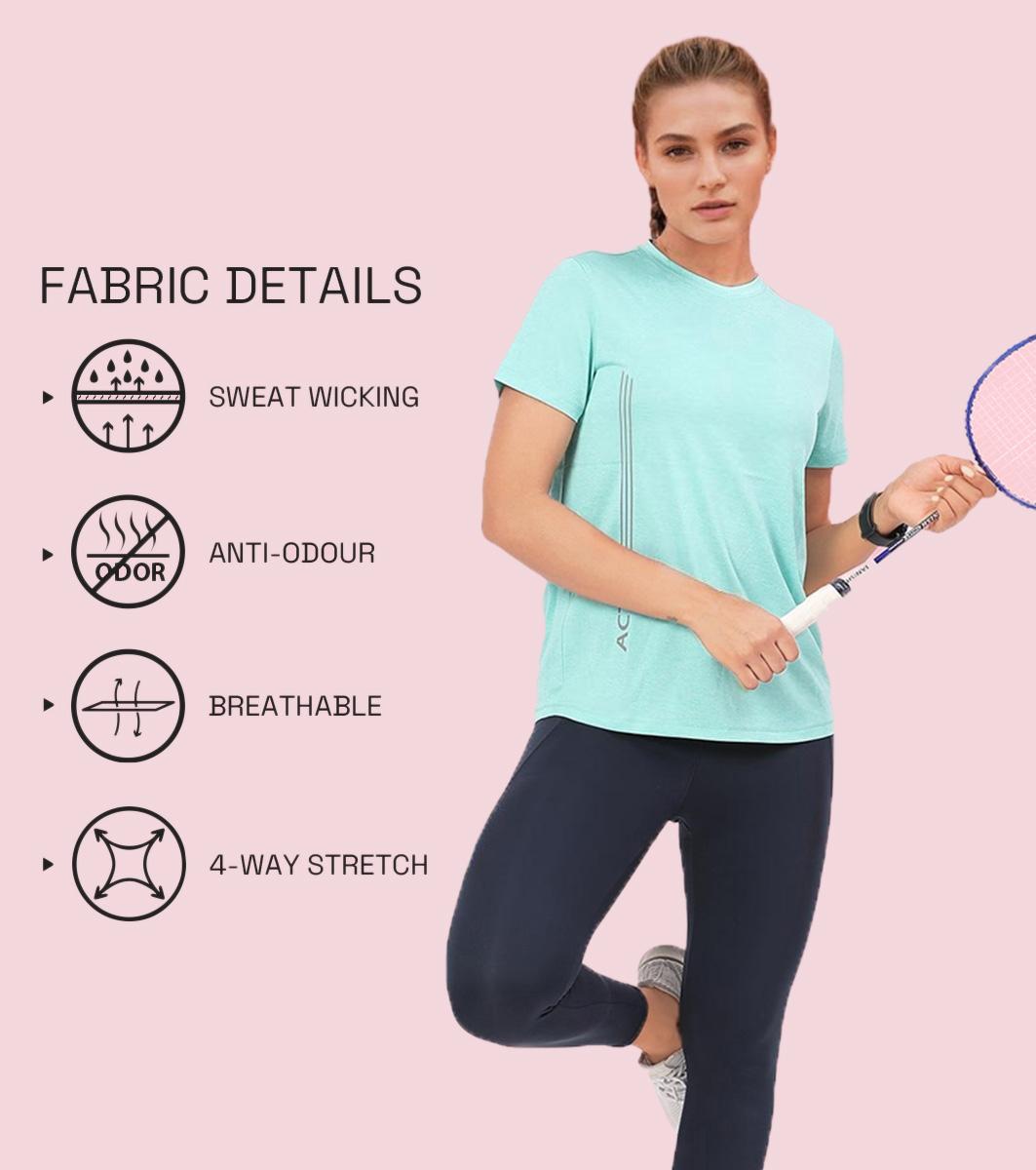 Enamor A309 Women Basic Workout Relaxed Fit Crew Neck Short Sleeve Tee with Reflective Active Graphic - Pool Blue Mel