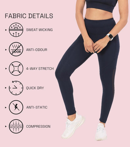 Enamor A610 Women's Quick Dry High Waist Workout Leggings with Elasticated Waistband - Navy