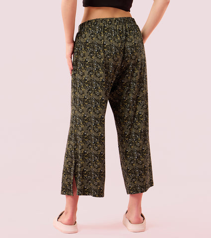 Enamor Essentials EA64 Shop In Culotte | Crop Length Culotte With Smart Side Slits - Olive Floral