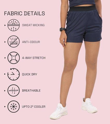 Enamor A714 Women's Kool Poly Quick Dry Training Shorts with In-Built Inner Tights - Navy