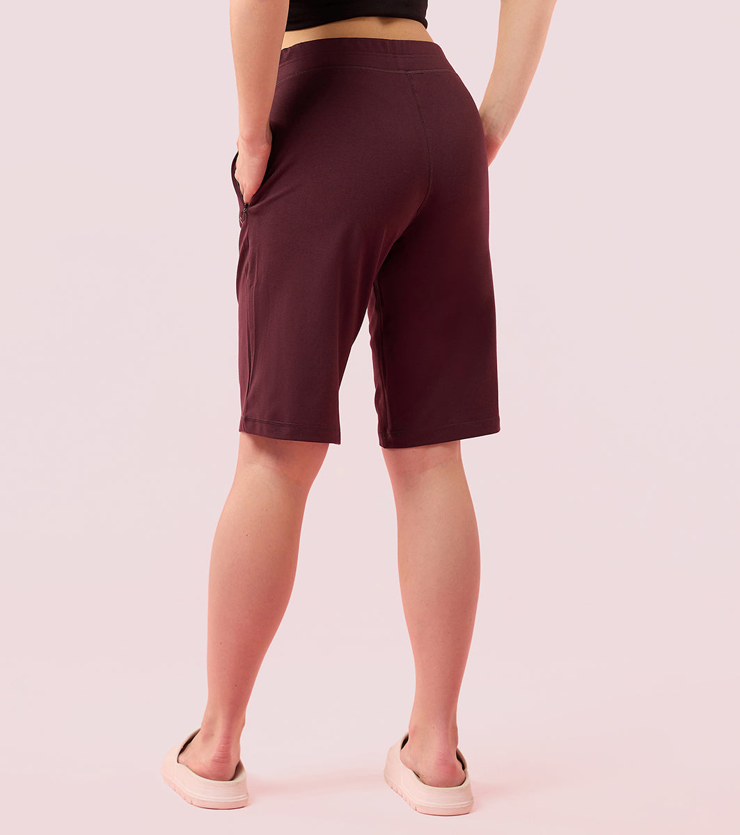 Enamor E044 Women Mid Rise Slim Fit Knee Length City Shorts with Drawstring Closure - Choco Fudge