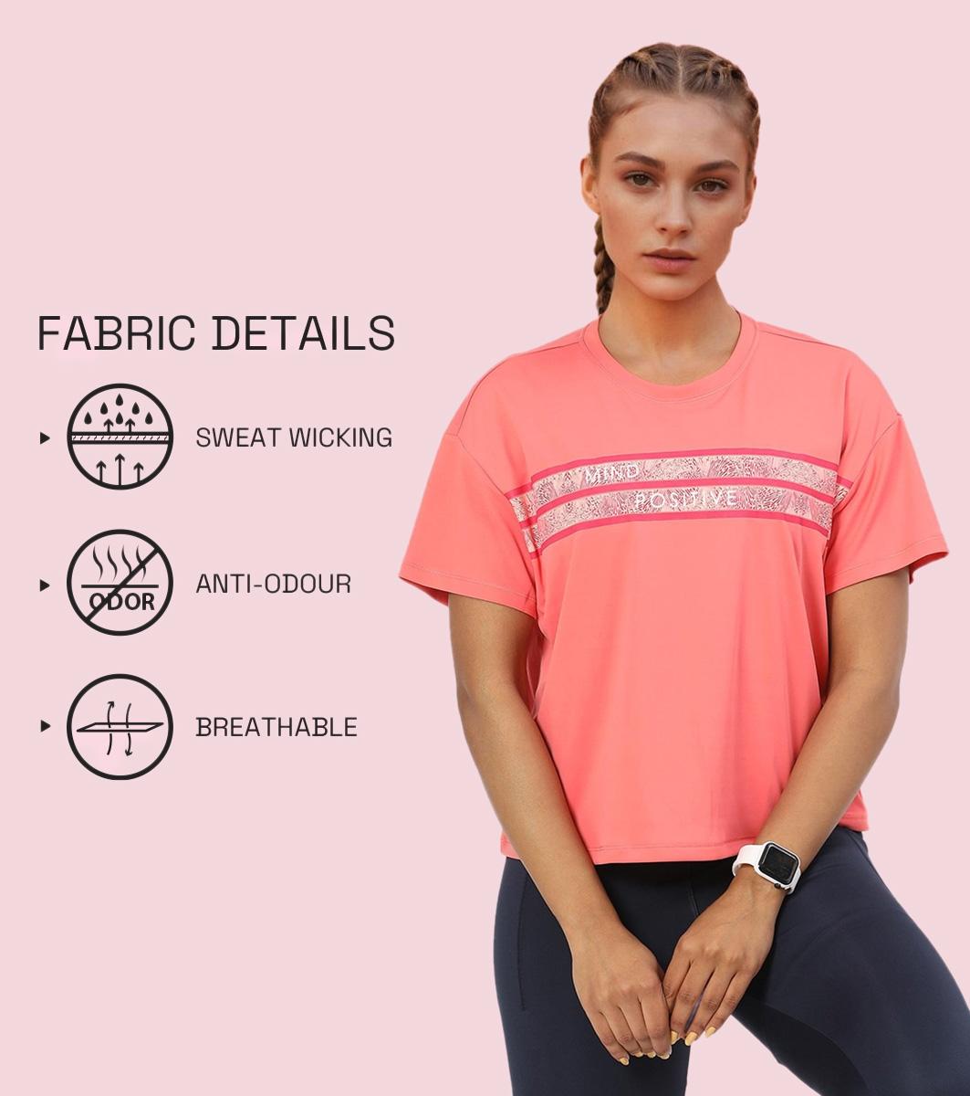 Enamor A311 Typographic Printed Drop Shoulder Sleeves Relaxed Fit Crop T-shirt - Coral Pink-Mind Positive