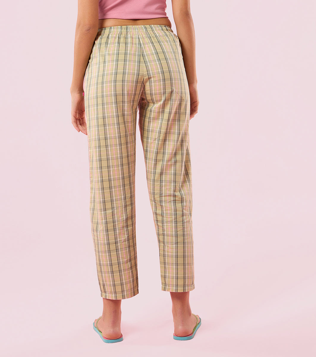 Enamor E4A5 Cotton Checkered Print Mid-Rise Relaxed Fit Hangout Pant - Green Checks