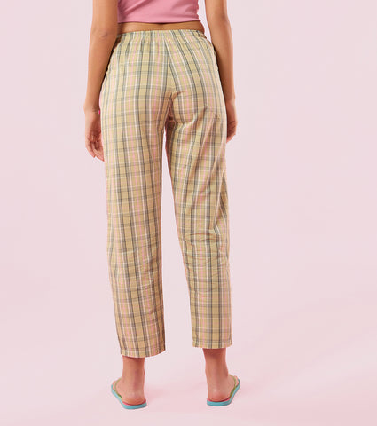 Enamor E4A5 Cotton Checkered Print Mid-Rise Relaxed Fit Hangout Pant - Green Checks