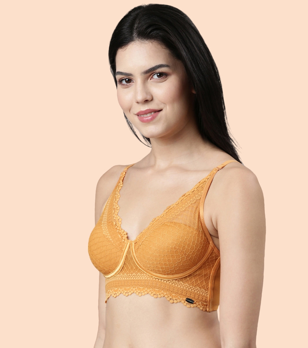 Enamor Pure Ease F125 Longline Comfort Lace Bra for Women - Padded, Wirefree and High Coverage