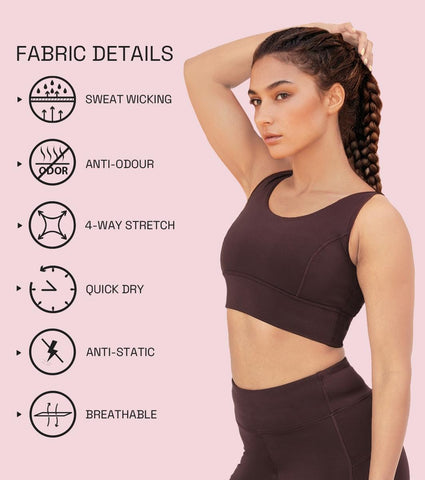 Enamor A206 Women's Criss Cross High Impact Long Line Sports Bra - High Support, Padded, High Coverage, Non-Wired - Choco Fudge