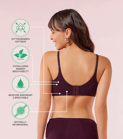 Enamor A077 Women's Padded Non-Wired T-Shirt Bra, Full Coverage, Soft Bamboo Fabric, Breathable, Pinch-Free - Grape Wine