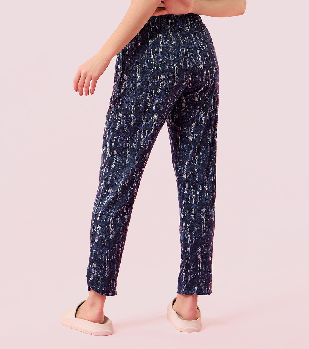 Enamor E048 Tapered Lounge Pants with Drawstring Details with Metal Ends - Navy Abstract Allure Prt