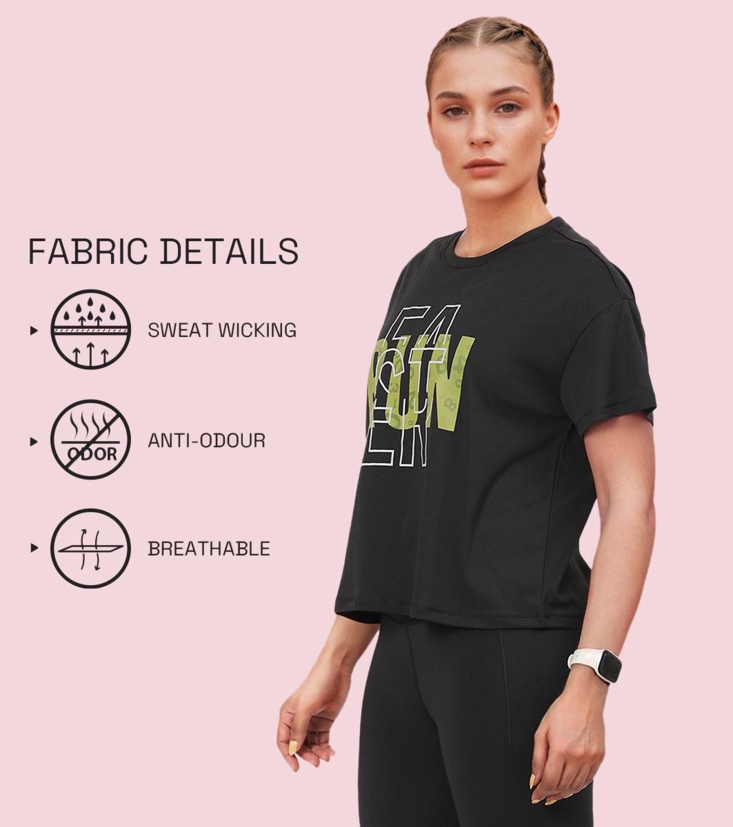 Enamor A311 Typographic Printed Drop Shoulder Sleeves Relaxed Fit Crop T-shirt - Jetblk-Run Faster