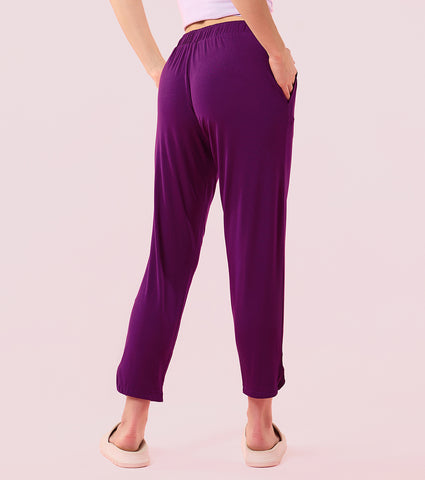 Enamor E048 Tapered Lounge Pants with Drawstring Details with Metal Ends - Dark Purple