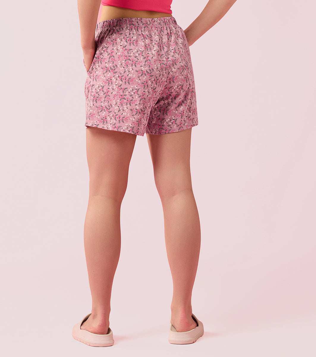 Enamor E062 Women Basic Shorts - Mid-Thigh Length Jersey Shorts With Pockets - Lilas Creeper Prt