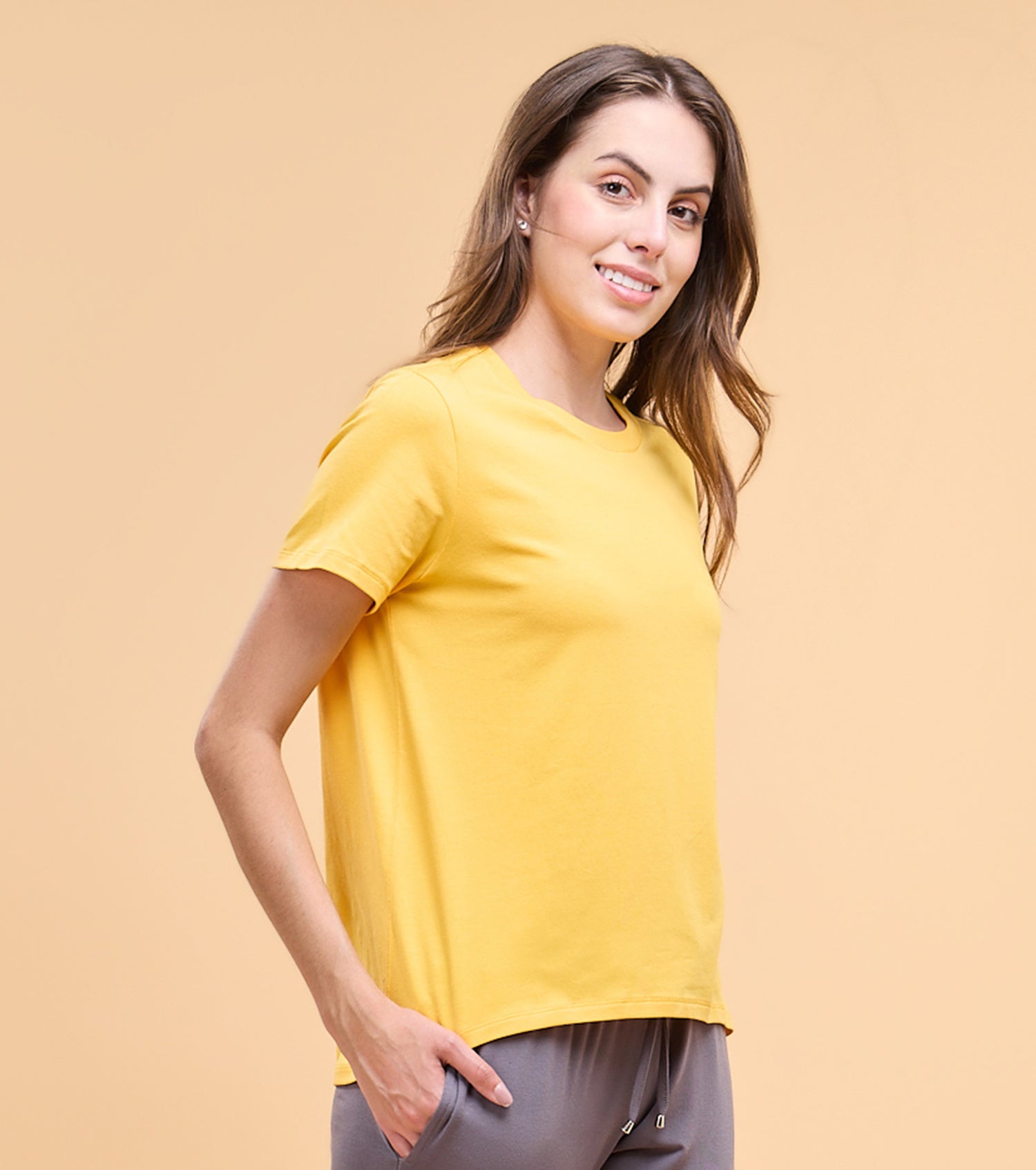 Enamor E305 High Low Tee Crew Neck Basic Stretch Cotton Tee