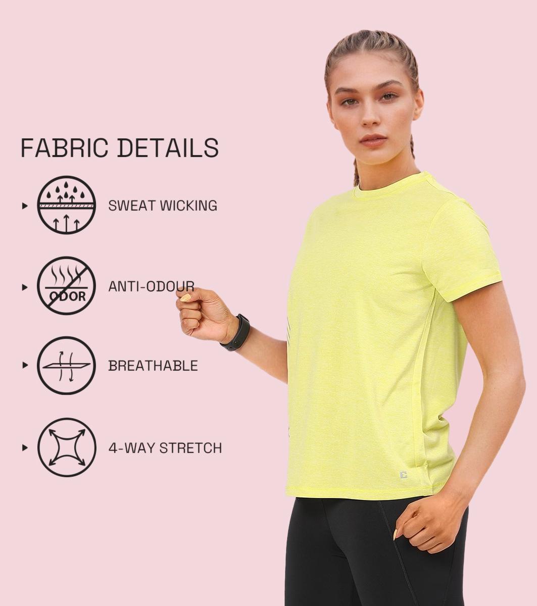 Enamor A309 Women Basic Workout Relaxed Fit Crew Neck Short Sleeve Tee with Reflective Active Graphic - Cyber Lime Mel