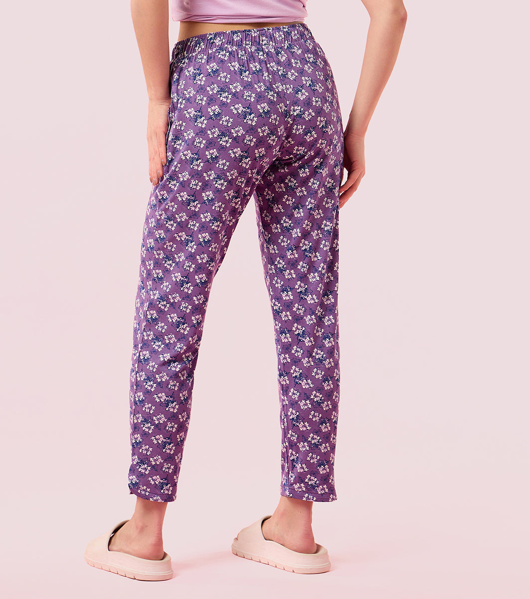 Enamor E048 Tapered Lounge Pants with Drawstring Details with Metal Ends - Chalky Violet Flower Prt