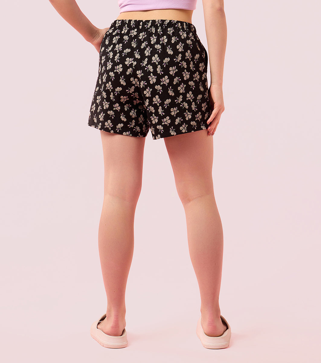 Enamor E062 Women Basic Shorts - Mid-Thigh Length Jersey Shorts With Pockets - Black Poppy Prt