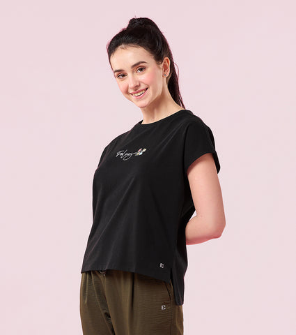 Enamor E3G7 Women Dolman Sleeve Crew Neck Cotton T-Shirt with Embroidered Graphic - Jetblack Feeling