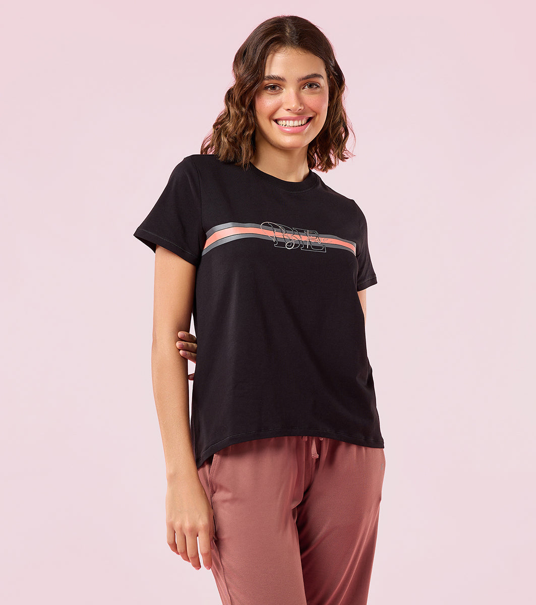 Enamor E3S5 Women Crew Neck Striped Stretch Cotton High-Low T-Shirt - Jet Black/ Red Strips