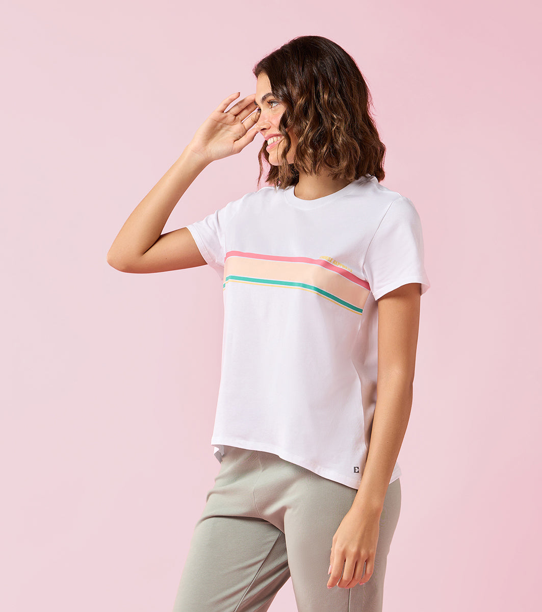 Enamor E3S5 Women Crew Neck Striped Stretch Cotton High-Low T-Shirt - Brt White/Pool Blue Strips