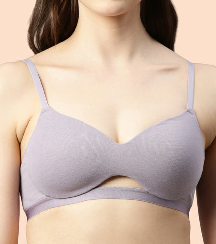 Enamor CloudSoft A032 Invisible Neckline Cotton T-shirt Bra for Women- Medium Coverage, Padded and Wirefree - Silver Lilac