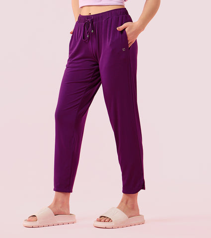 Enamor E048 Tapered Lounge Pants with Drawstring Details with Metal Ends - Dark Purple