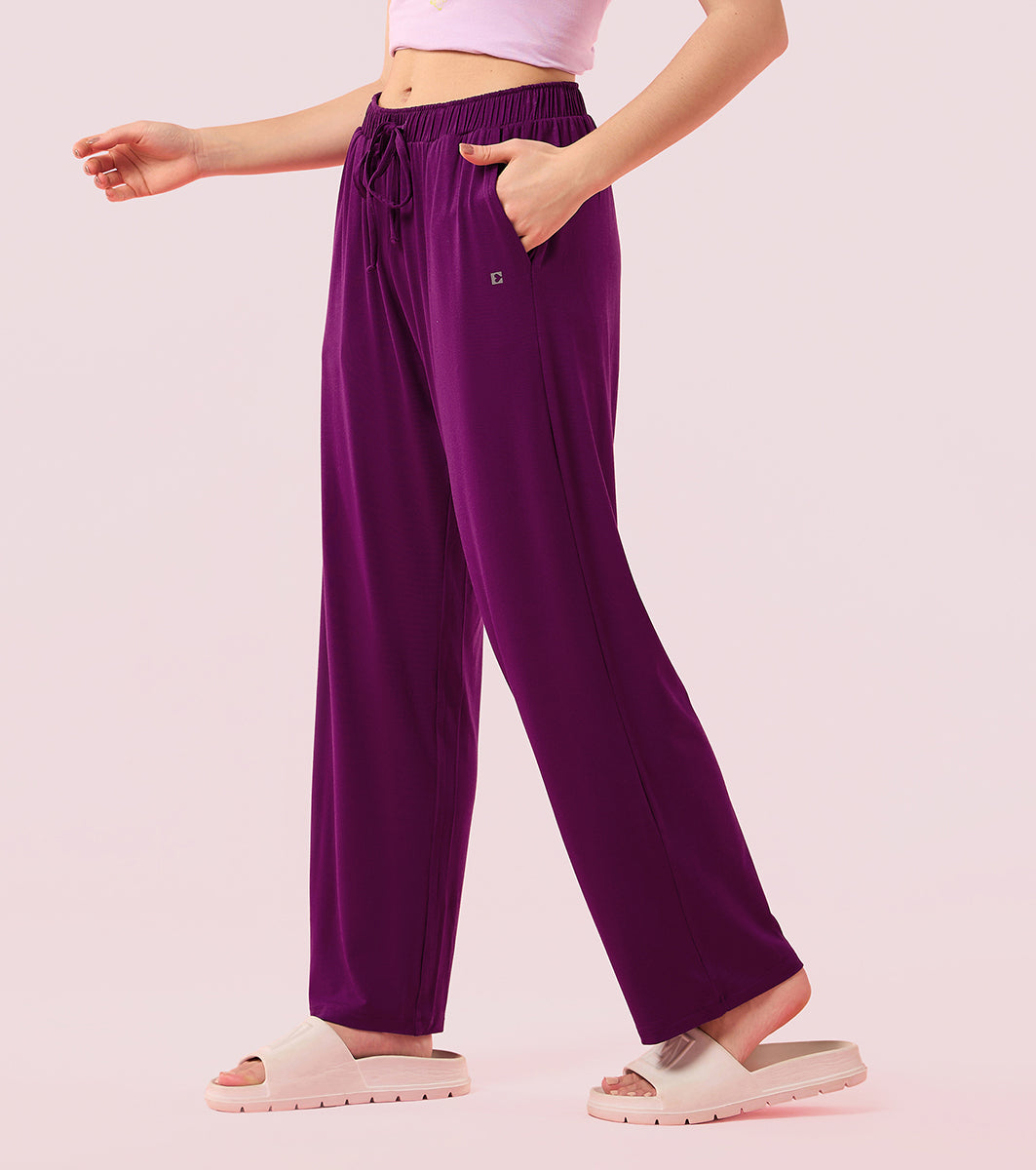 Enamor E404 Women's Home Pant - Relaxed Fit, Mid Rise, Regular Length, Straight Leg - Dark Purple