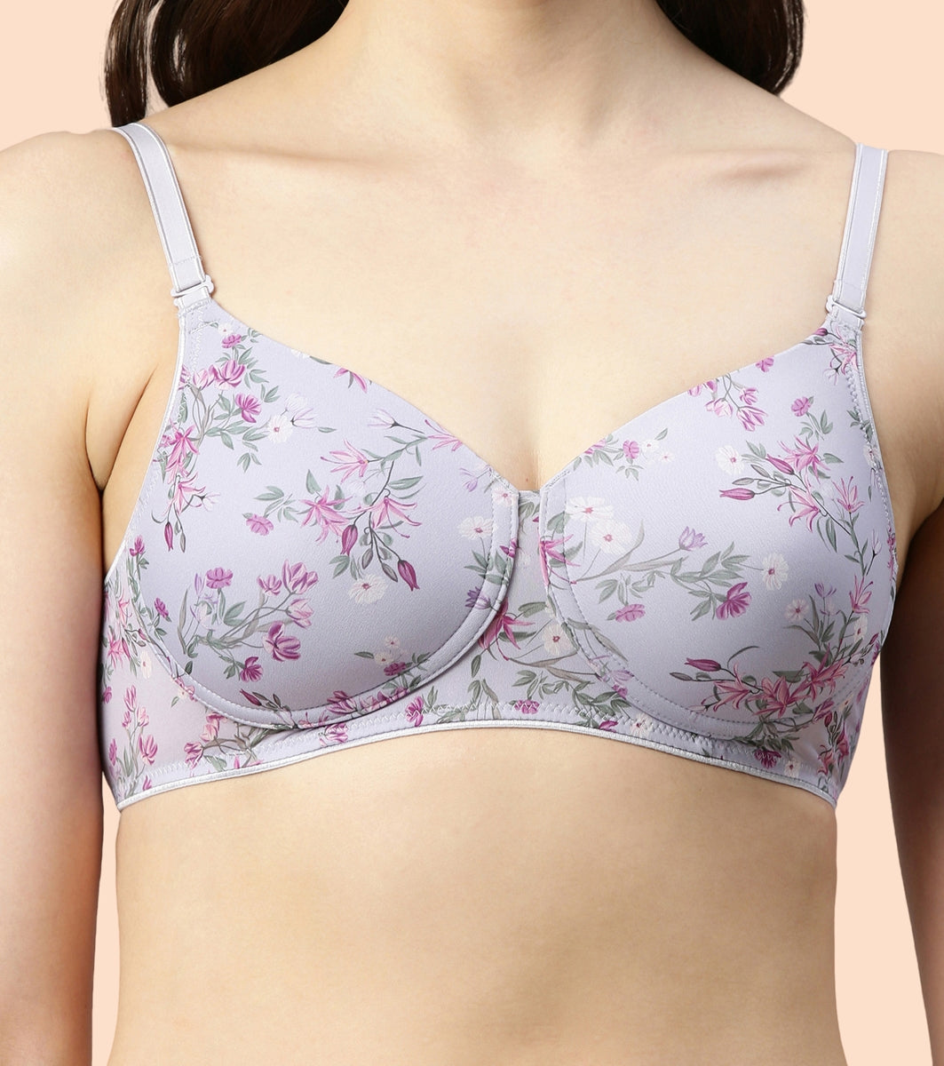 Enamor Dope Dye F165 Ecolite Fabric Smooth Support Bra for Women - Padded, Wirefree and High Coverage - Dainty Petal Print