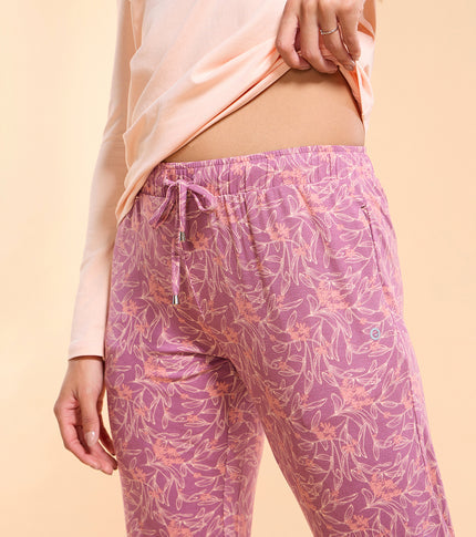 Enamor Essentials E048 Printed Tapered Lounge Pants With Self Fabric Drawstring With Metal Ends