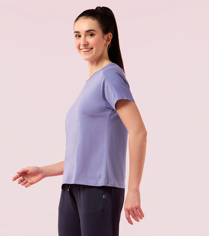 Enamor E306 Women Stretch Cotton with Rib Neck Band Cut & Sew Relaxed Fit T-Shirt - Chalky Violet Mel