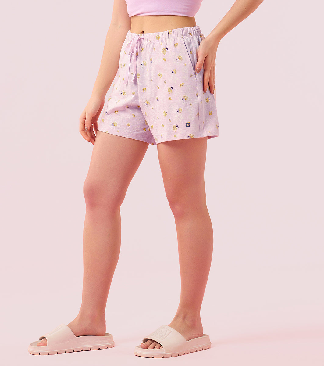 Enamor E062 Women Basic Shorts - Mid-Thigh Length Jersey Shorts With Pockets - Lavender Flower Bloom Prt