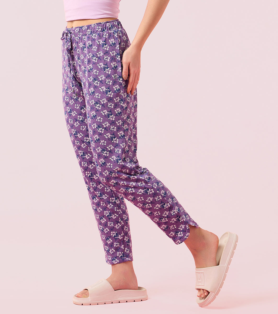 Enamor E048 Tapered Lounge Pants with Drawstring Details with Metal Ends - Chalky Violet Flower Prt