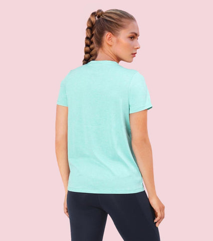 Enamor A309 Women Basic Workout Relaxed Fit Crew Neck Short Sleeve Tee with Reflective Active Graphic - Pool Blue Mel