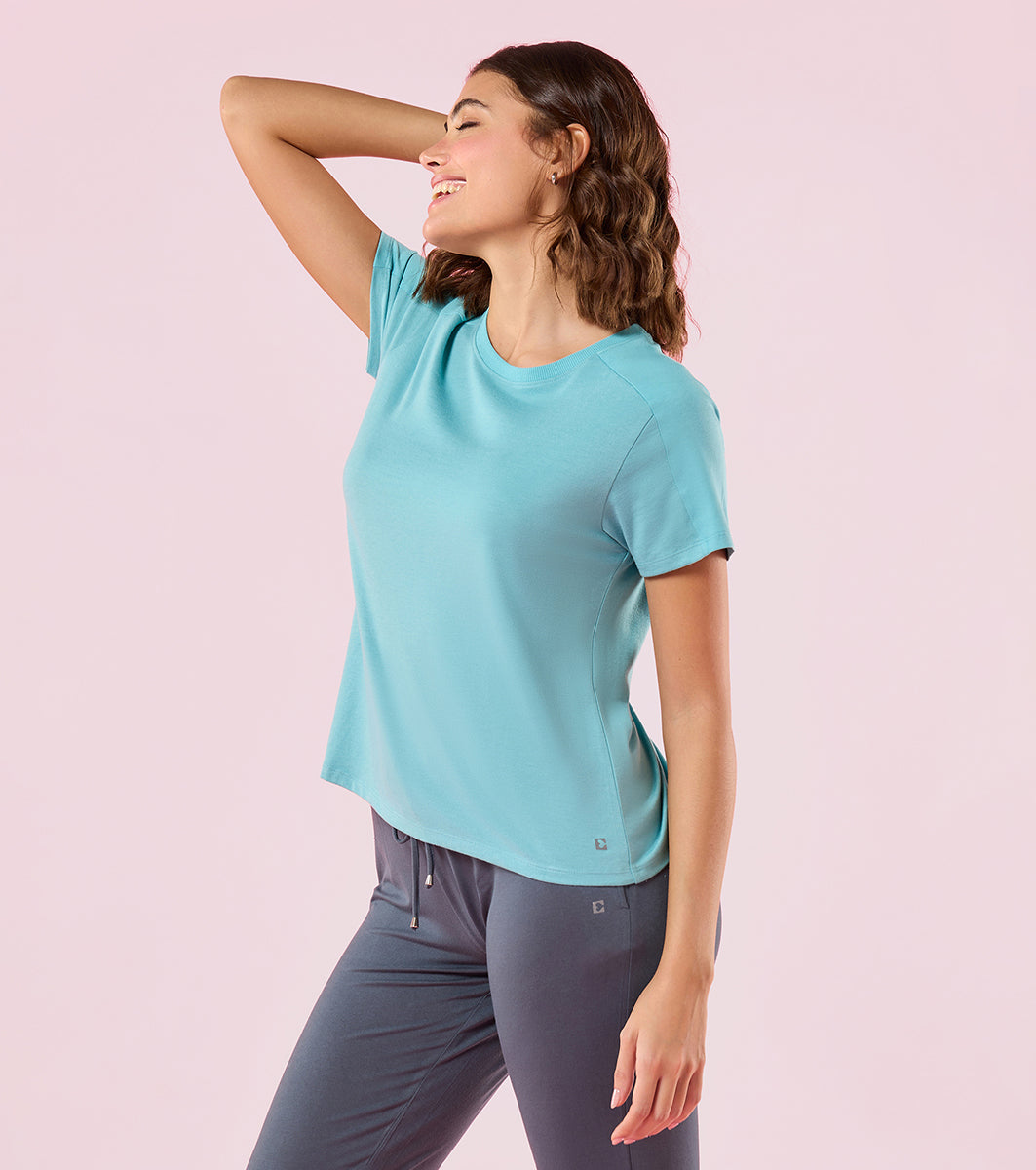 Enamor E306 Women Stretch Cotton with Rib Neck Band Cut & Sew Relaxed Fit T-Shirt - Marine Blue Mel