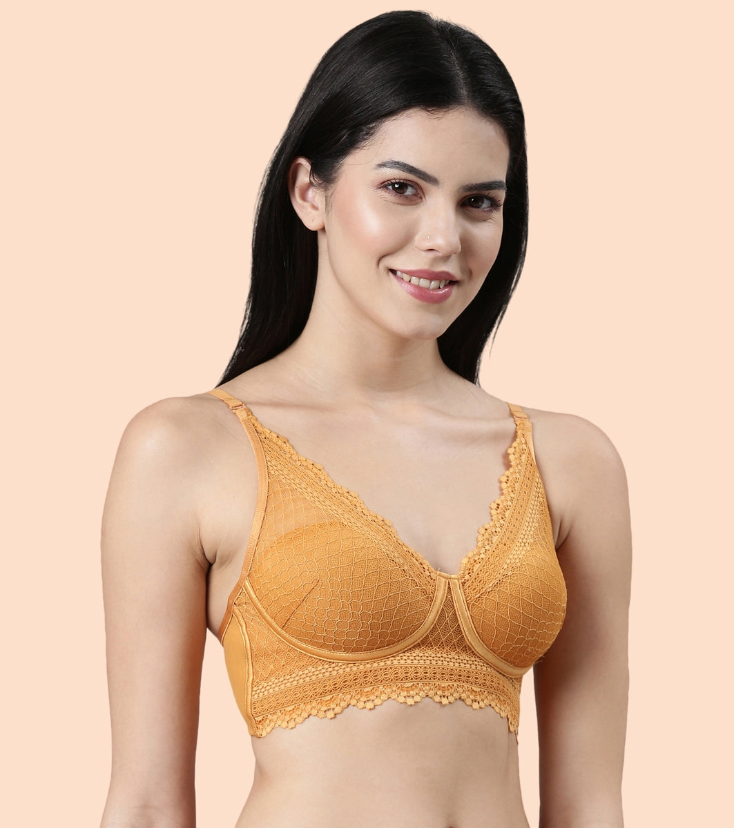 Enamor Pure Ease F125 Longline Comfort Lace Bra for Women - Padded, Wirefree and High Coverage