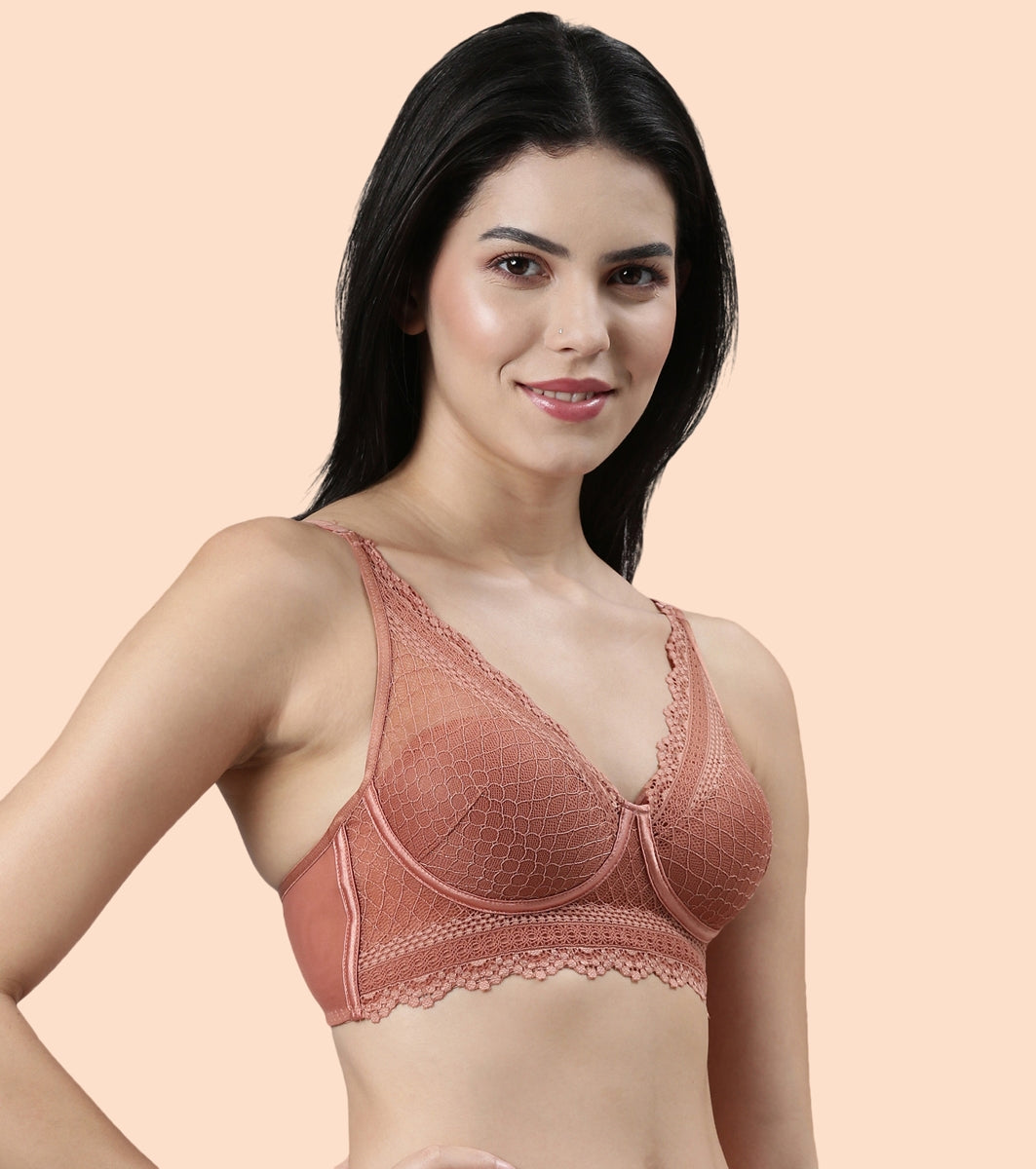 Enamor Pure Ease F125 Longline Comfort Lace Bra for Women - Padded, Wirefree and High Coverage