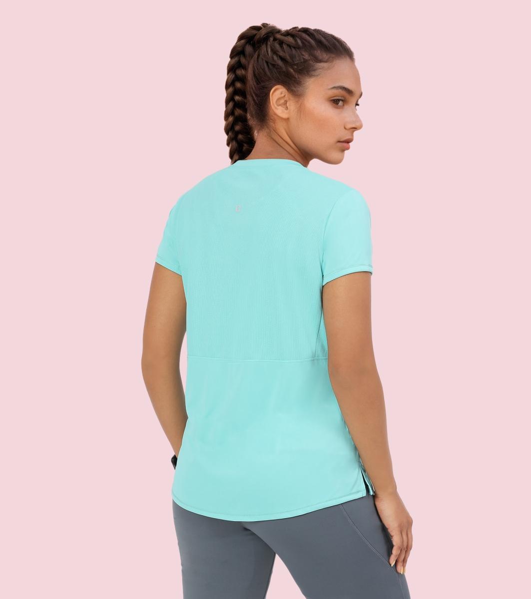 Enamor A313 Women Active Panel Quick Dry Relaxed Fit, Regular Length Workout T-Shirt - Pool Blue