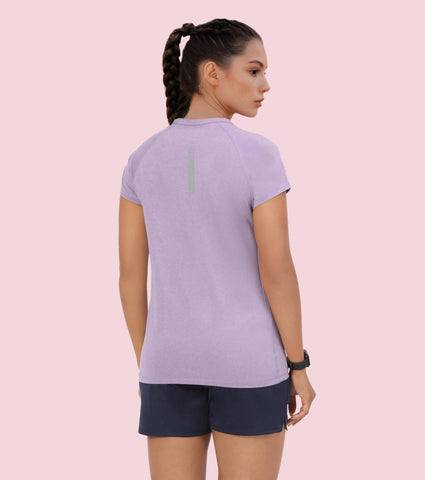 Enamor E089 Raglan Sleeve Scoop Neck Slim Fit Active T-Shirt With Reflective Graphic Print On Back - Chalky Violet Mel