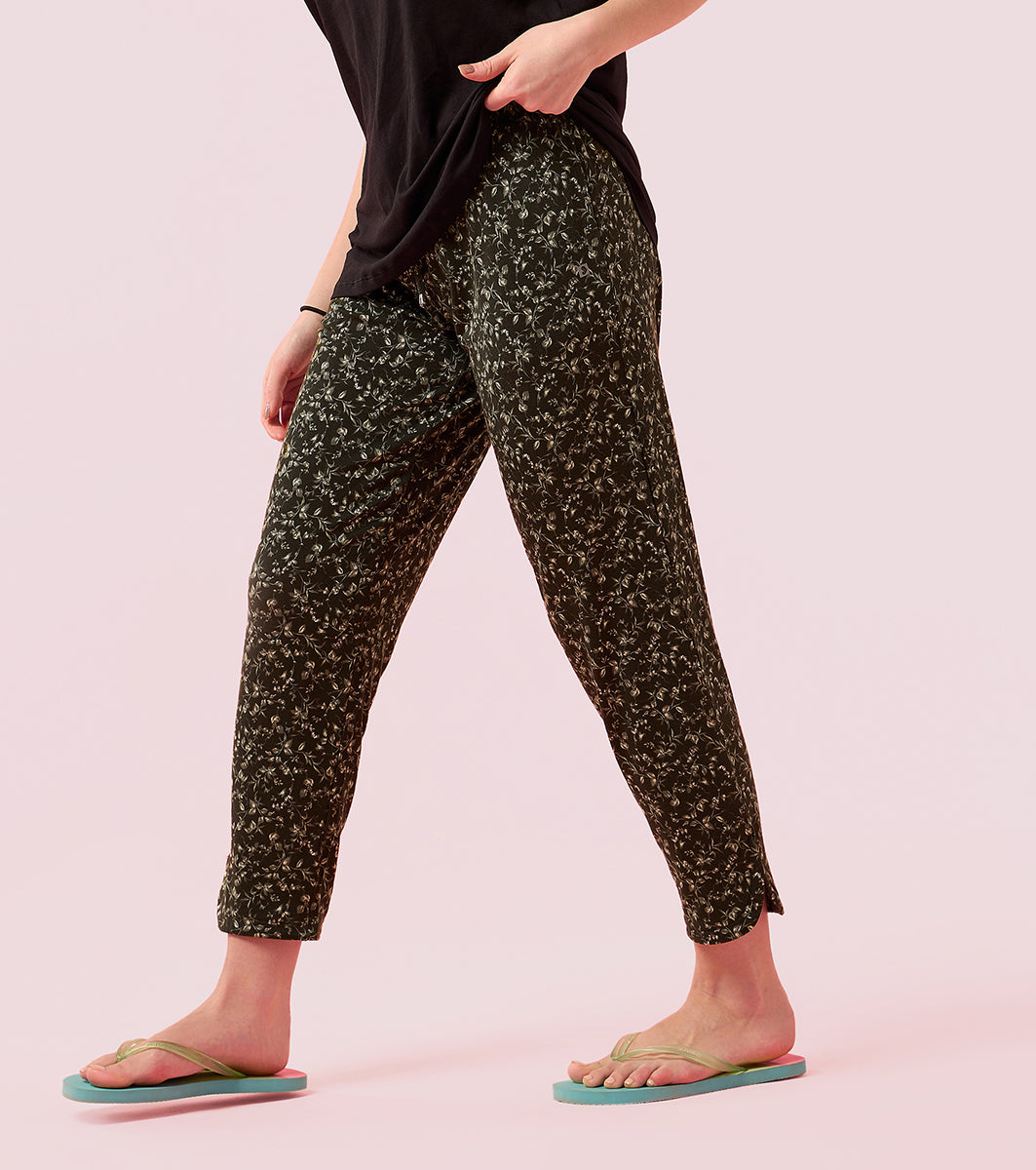 Enamor E048 Tapered Lounge Pants with Drawstring Details with Metal Ends - Sap Green Bloom Prt