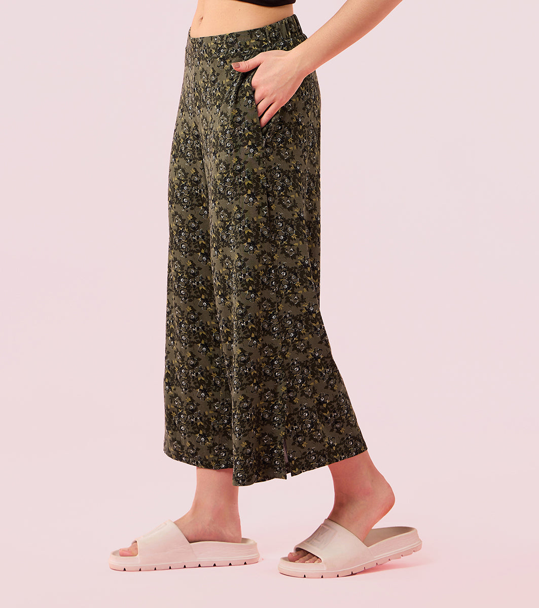 Enamor Essentials EA64 Shop In Culotte | Crop Length Culotte With Smart Side Slits - Olive Floral