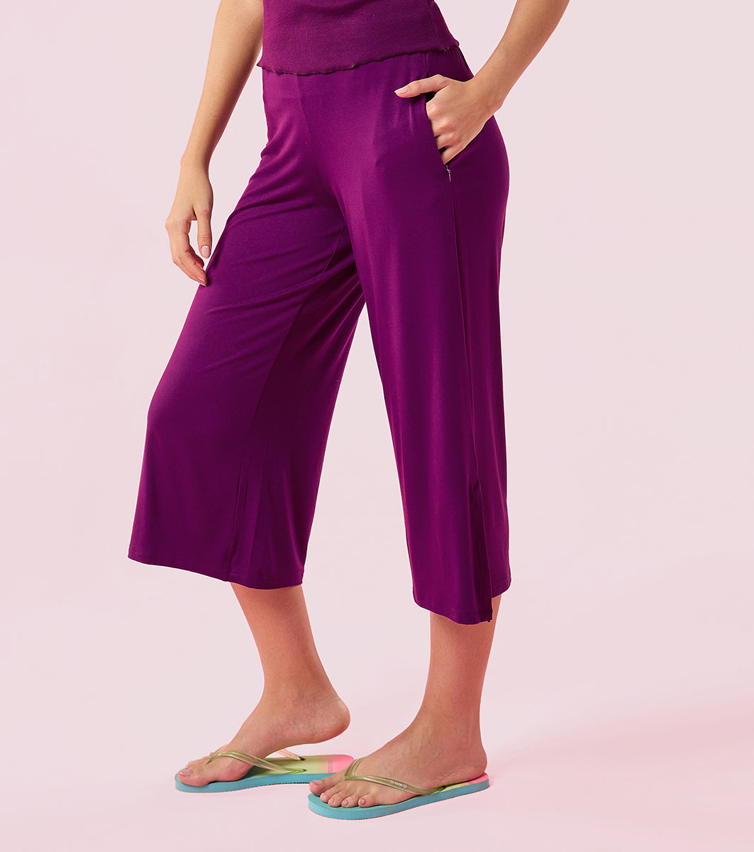 Enamor Essentials E064 Shop In Culotte | Crop Length Culotte With Smart Side Slits - Dark Purple