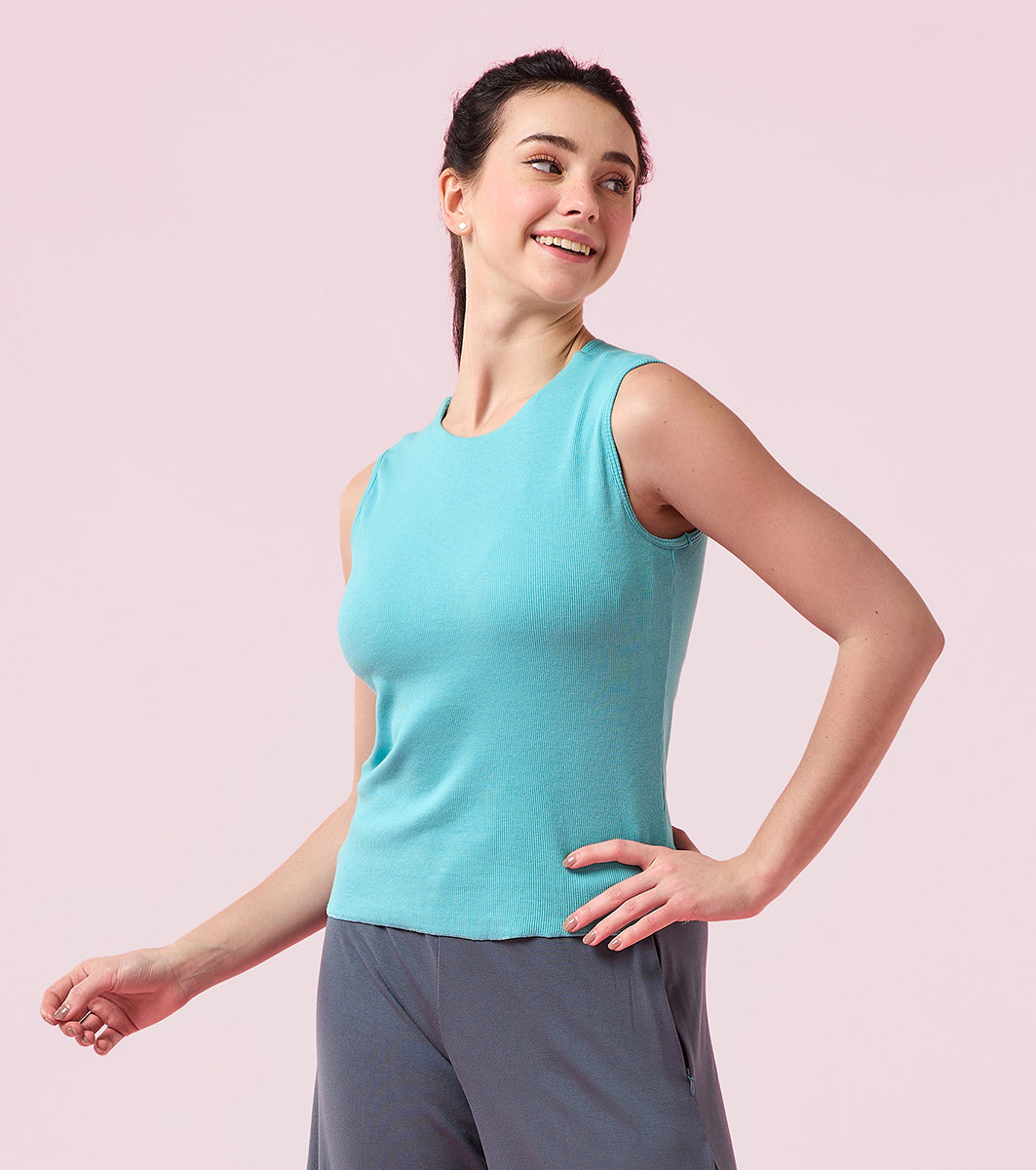 Enamor E310 Women Cotton Slim Fit Rib Crop Top with In-Built Shelf Bra with Comfort & Support - Marine Blue