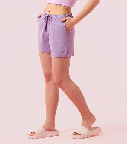 Enamor E062 Women Basic Shorts - Mid-Thigh Length Jersey Shorts With Pockets - Chalky Violet