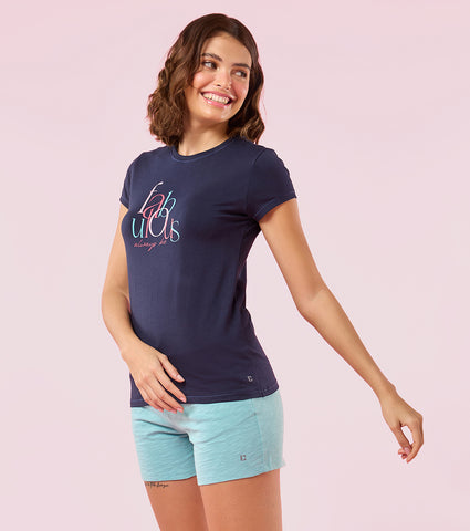 Enamor E147 Short Sleeve Crew Neck Stretch Cotton T-Shirt with Graphic Print - Navy Fabulous