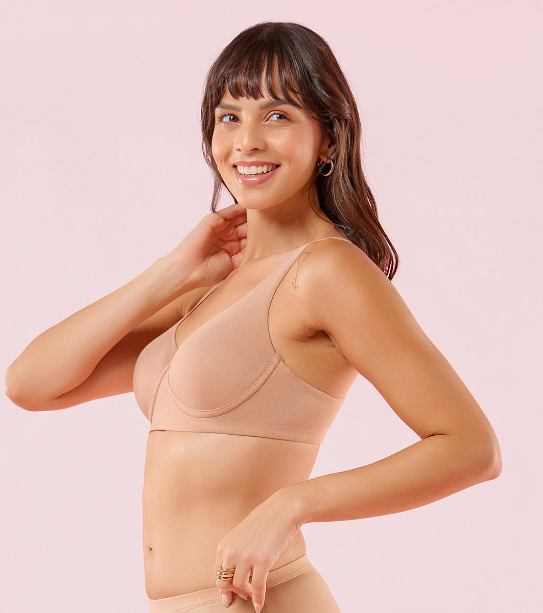 Enamor IO05 Padded Wire-Free High Coverage Bamboo Cotton T-Shirt Bra - Honey Beige