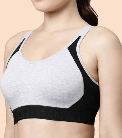 Enamor Agion SB28 Antimicrobial Side Shaper Active Sports Bra for Women - Non Padded, Wirefree and High Coverage - Grey Melange