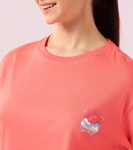 Enamor E3G5 Oversized Fit Square Crew Neck Cotton T-Shirt with Stylish Graphic Design - Coralpink Sunrise