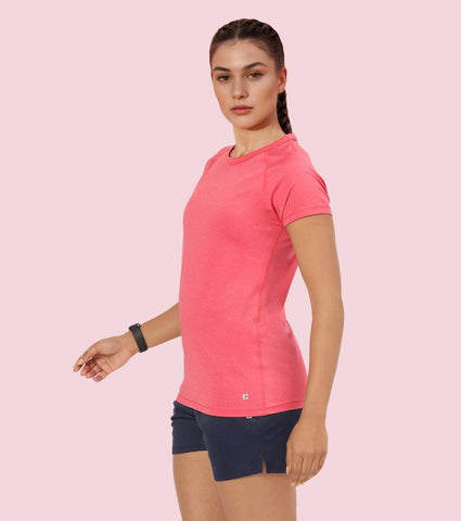 Enamor E089 Raglan Sleeve Scoop Neck Slim Fit Active T-Shirt With Reflective Graphic Print On Back - Raspberry Melange