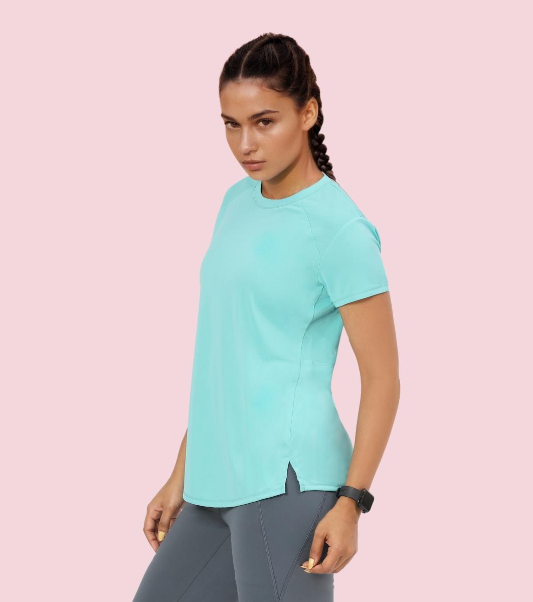 Enamor A313 Women Active Panel Quick Dry Relaxed Fit, Regular Length Workout T-Shirt - Pool Blue