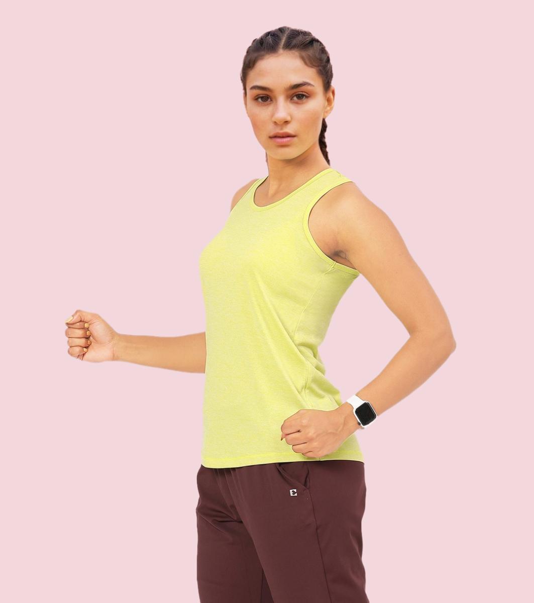 Enamor A308 Women Crew Neck Sleeveless Slim Fit Activewear Workout T-Shirt - Cyber Lime Mel