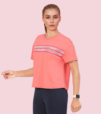 Enamor A311 Typographic Printed Drop Shoulder Sleeves Relaxed Fit Crop T-shirt - Coral Pink-Mind Positive