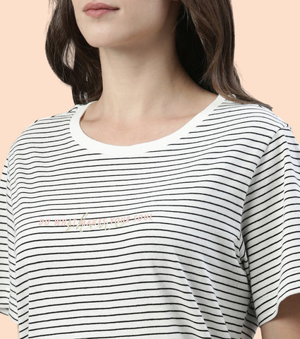 Tunic Tee – Stripes | Short Sleeve Tunic Tee With Side Slit & Mindful Graphic